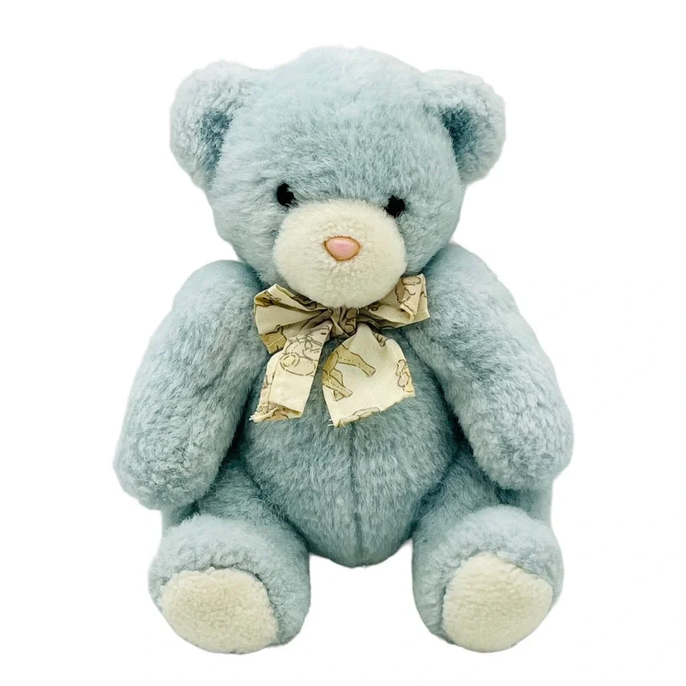 Carters Vintage Blue Bear Plush Rattle Bunny‎ Ribbon Pink Nose White Paws Baby